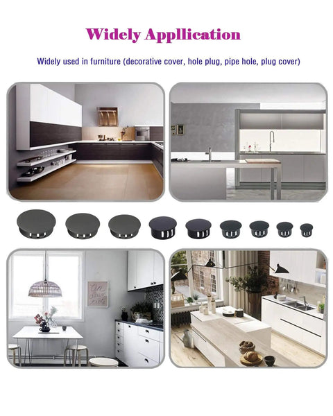 Plastic Hole Plugs Set 360 Pieces In 9 Sizes Flush Type Snap In Locking End Caps For Holes On Furniture Posts Fencing Pipes Tubes Black Cushioning Vibration Dampening Sealing displayed in various furniture settings, showing before and after installation.