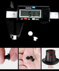 3/16 Inch Plastic Hole Plugs For Round Cabinet Holes And Shelf Covers, Clear 5 Mm Hole Plugs For Furniture Cupboards, 100 Pieces With Transparent Storage Box, Jetec; showing measurement, hand view, and close-up on black background
