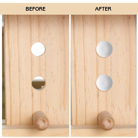 3/16 Inch Plastic Hole Plugs For Round Cabinet Holes And Shelf Covers, Clear 5 Mm Hole Plugs For Furniture Cupboards, 100 Pieces With Transparent Storage Box, Jetec before and after installation view