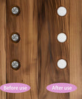 Comparison of 200 Pcs White 5 Millimeter Plastic Hole Plugs Flush Snap In Locking Round Hole Caps For Wardrobes Cupboards Cabinets Shelves And Bookcases Screw Covers before and after installation on wooden surface.