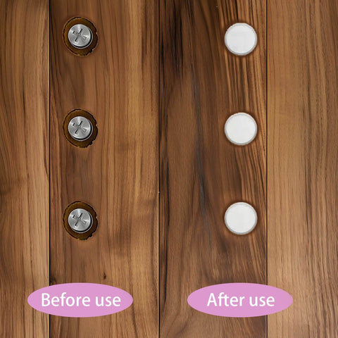 Comparison of 200 Pcs White 5 Millimeter Plastic Hole Plugs Flush Snap In Locking Round Hole Caps For Wardrobes Cupboards Cabinets Shelves And Bookcases Screw Covers before and after installation on wooden surface.