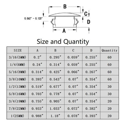 Plastic Hole Plugs Set 360 Pieces In 9 Sizes Flush Type Snap In Locking End Caps Size Chart With Measurements
