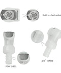Plastic Hose Barb In Line Quick Connector Set Must Have With Shut Off Valves with check valve and SUS302 button details.