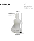 Female Plastic Hose Barb In Line Quick Connector with 3/8 inch shut-off valve, dimensions labeled, white plastic fitting
