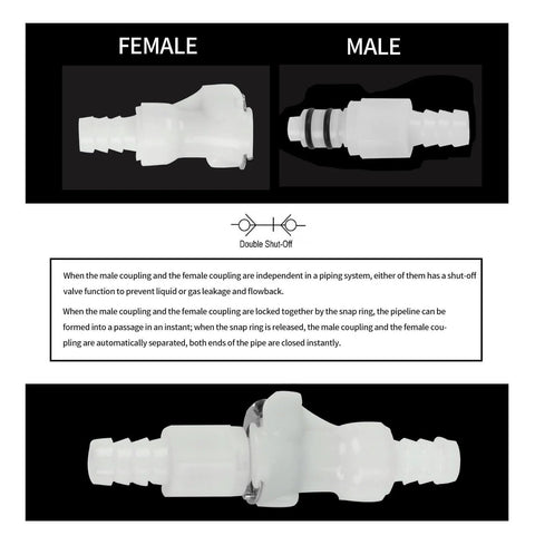 Plastic Hose Barb In Line Quick Connector Set Must Have With Shut Off Valves One Pair Male And Female Vacuum Disconnect Coupling Quick Release Fittings For Insert Tubing One Quarter Inch Three Eighths Inch And Five Sixteenths Inch, showing male and female connectors with shut-off valves.