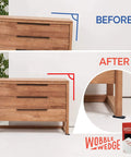 Before and after using Flexible Plastic Leveling Shims Set 75 Pack for Home Improvement Furniture Levelers, showing stabilized dresser.