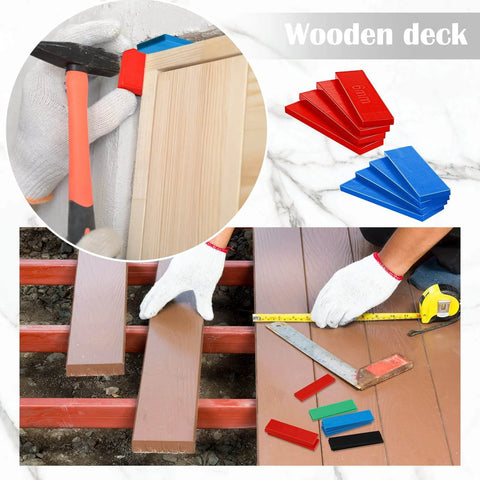 120 Pcs Plastic Flat Shims for leveling wooden deck, close up of red and blue shims, durable PP material for structural alignment
