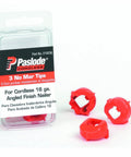 Durable plastic No-Mar Tips for 16-Gauge Angled Finish Nailers 3-Pack shown with packaging and individual red tips displayed.
