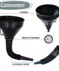 Set Of 5 Plastic Oil Funnels With Long Hose For Automotive Fluid Transfers, Large Flexible Fuel Funnel with mesh strainer and hose.
