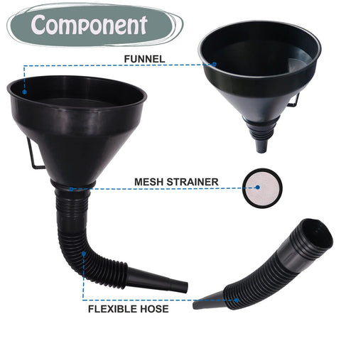 Set Of 5 Plastic Oil Funnels With Long Hose For Automotive Fluid Transfers, Large Flexible Fuel Funnel with mesh strainer and hose.