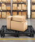 Four Pack Plastic Pallets For Basement Storage with cardboard boxes, lightweight waterproof floor pallets with breathable grids, 23.6 x 11.8 x 3.9 inches