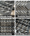 Close-up views of grid design and features of 10 Pcs Lightweight Plastic Pallets 11.8 By 23.6 By 1.18 Inch Waterproof Moisture Proof Floor Pallets