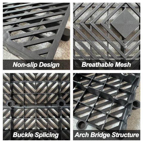 Close-up views of grid design and features of 10 Pcs Lightweight Plastic Pallets 11.8 By 23.6 By 1.18 Inch Waterproof Moisture Proof Floor Pallets