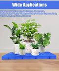 Six Piece Pack Of Plastic Pallets For Basement Storage Waterproof 50 By 50 Cm Ventilated Grid Mat with potted plants on top.