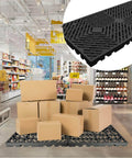 10 Pcs Lightweight Plastic Pallets 11.8 By 23.6 By 1.18 Inch Waterproof Moisture Proof Floor Pallets with boxes in a store.