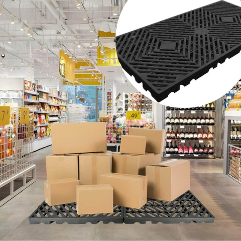 10 Pcs Lightweight Plastic Pallets 11.8 By 23.6 By 1.18 Inch Waterproof Moisture Proof Floor Pallets with boxes in a store.