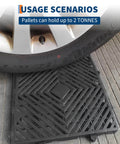 Set Of 12 Plastic Pallets For Basement Storage With Ventilated Grid Design Waterproof HDPE under car wheel showing durability