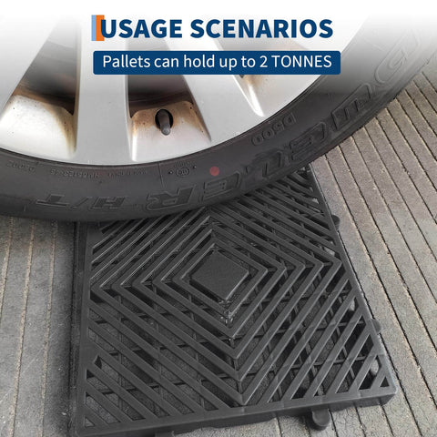 Set Of 12 Plastic Pallets For Basement Storage With Ventilated Grid Design Waterproof HDPE under car wheel showing durability