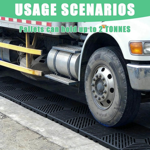 Truck parked on Six Pack Plastic Pallets 23.6 x 11.8 x 1.18 Inches Lightweight Moisture Proof Waterproof Floor Pallets
