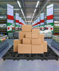 Eight Pack Plastic Pallets 23.6 Inch By 15.7 Inch By 3.9 Inch Thick Heavy Duty HDPE Floor Pallets with boxes in supermarket aisle