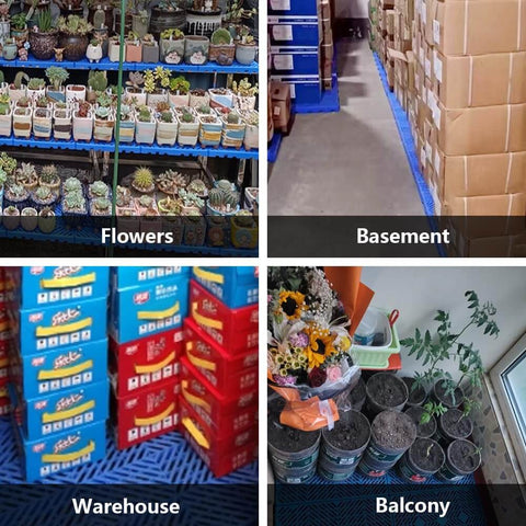 Heavy Duty Plastic Pallets Set Of 8 Nestable, Lightweight, Waterproof Storage Pads in use for flowers, basement, warehouse, balcony