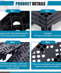 Details of Four Pack Plastic Pallets for Basement Storage showing mesh reinforcement, stackable design, and breathable grids