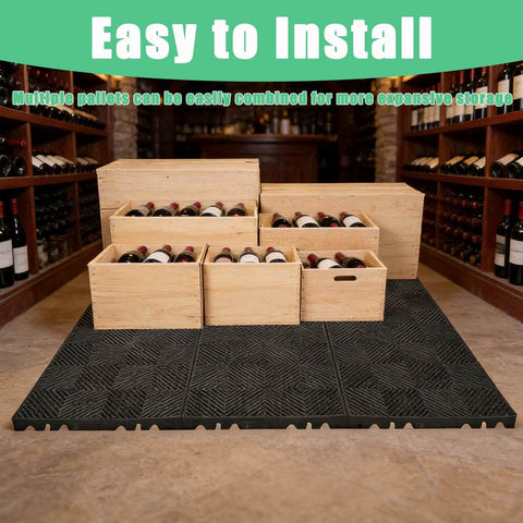 Six Pack Plastic Pallets 23.6 x 11.8 x 1.18 Inches Lightweight Moisture Proof Waterproof Floor Pallets in wine storage setup
