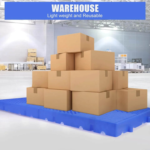 Stacked boxes on blue ventilated grid mat plastic pallet, Six Piece Pack Of Plastic Pallets For Basement Storage Waterproof 50 By 50 Cm Ventilated Grid Mat Lightweight Durable For Garages Warehouses Supermarkets And More Yamahiko.