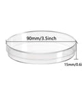 30 Pack Plastic Petri Dishes With Lids 90mm Diameter 15mm Deep Sterile Culture Dishes displayed with dimensions labeled