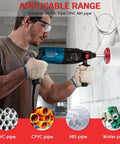 Person using One And A Half Inch Plastic Pipe Reamer With 2 Carbide Square Blades For PVC CPVC And ABS Pipes on a white wall pipe.
