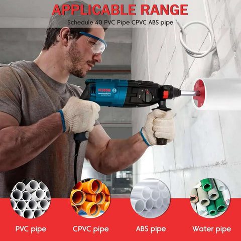 Person using One And A Half Inch Plastic Pipe Reamer With 2 Carbide Square Blades For PVC CPVC And ABS Pipes on a white wall pipe.