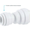 Side view of Reducing Union Plastic Plumbing Fitting 3/8 Inch OD To 1/4 Inch OD Push To Connect, white polypropylene, leak-free quick connect.