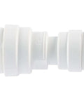 Side view of reducing union plastic plumbing fitting 3/8 inch OD to 1/4 inch OD push to connect, white plastic body.