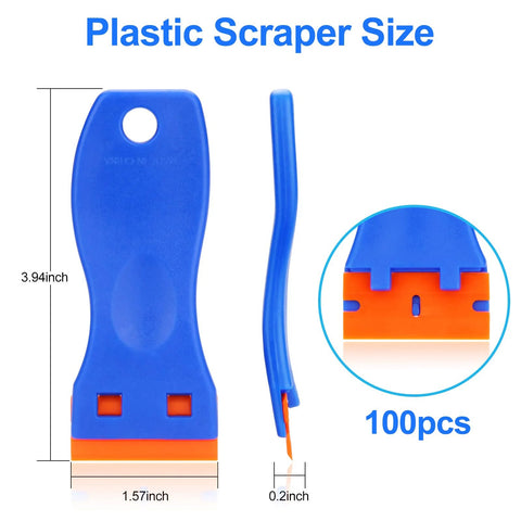 Plastic Razor Blade Scraper Set With 4 Scrapers And 100 Replacement Blades, showing blue and orange scraper dimensions.