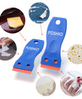 Plastic Razor Blade Scraper Set With 2 Scrapers And 100 Double Edged Blades For Gasket Removal Labels Decals And Adhesive Removal On Windows And Glass Lightweight Rustproof Plastic Construction And Quick Blade Changes shown with scraping examples.
