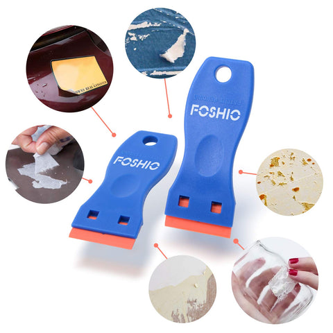 Plastic Razor Blade Scraper Set With 2 Scrapers And 100 Double Edged Blades For Gasket Removal Labels Decals And Adhesive Removal On Windows And Glass Lightweight Rustproof Plastic Construction And Quick Blade Changes shown with scraping examples.