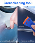 Plastic Razor Blade Scraper Set With 4 Scrapers And 100 Replacement Blades For Efficient Label Decal Adhesive Sticker And Paint Removal From Glass Windows Cars Walls Appliances And 3D Printer Beds Without Scratching in use on car surface