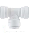 Reducing Tee Three Eighths To Three Eighths And One Quarter Inch OD Push To Connect Plastic Plumbing Fitting With EPDM O Rings Easy Install Behind The Wall Approved Leak Free Quick Connect Tee For Copper Or Plastic Pipe in white polypropylene