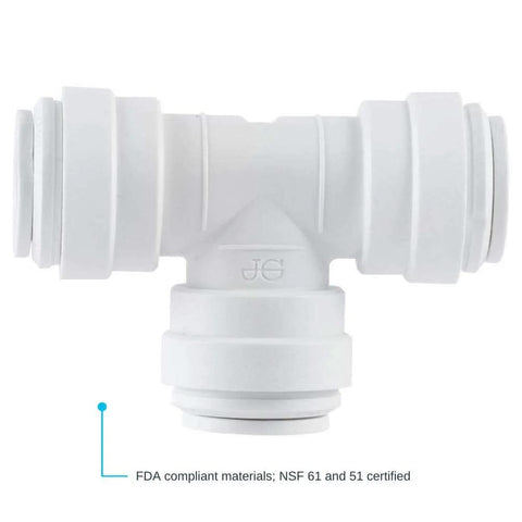 Reducing Tee Three Eighths To Three Eighths And One Quarter Inch OD Push To Connect Plastic Plumbing Fitting With EPDM O Rings Easy Install Behind The Wall Approved Leak Free Quick Connect Tee For Copper Or Plastic Pipe in white polypropylene