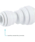 Side view of reducing union plastic plumbing fitting 3/8 inch OD to 1/4 inch OD push to connect for copper or plastic tubing.