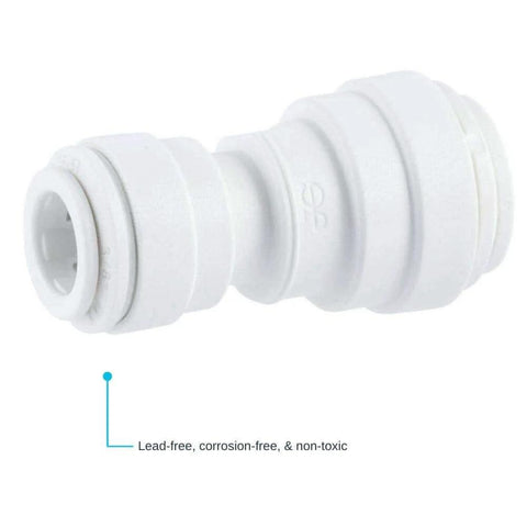 Side view of reducing union plastic plumbing fitting 3/8 inch OD to 1/4 inch OD push to connect for copper or plastic tubing.