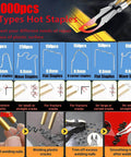 Chart showing 1000 pcs of 6 types of hot staples for use with Beefed Up 220W Plastic Welder 2 In 1 Repair Kit With Hot Stapler