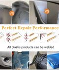 Hot Stapler Plastic Repair Welder Kit for Car Bumpers repairing cracked plastics with multiple staple types shown.
