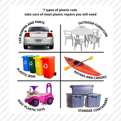 7 types of plastic rods illustration with images of car bumper, outdoor furniture, plastic bins, kayak, toys, and storage containers.