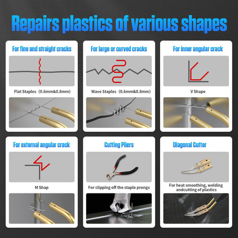 Adjustable Power Plastic Repair Welder Kit With 600 Hot Staples For Bumper Repair And DIY Projects Easy To Use Plastic Welding Tool features for various crack repairs with flat, wave, and M shape staples along with cutting pliers and diagonal cutters.