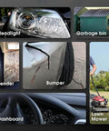 Collage of car headlight, garbage bin, scratched fender and bumper, car dashboard, and lawn mower labeled for repair with welder kit