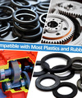 Collage of gears, rubber seals, and machinery parts with text 'Compatible with Most Plastics and Rubbers'