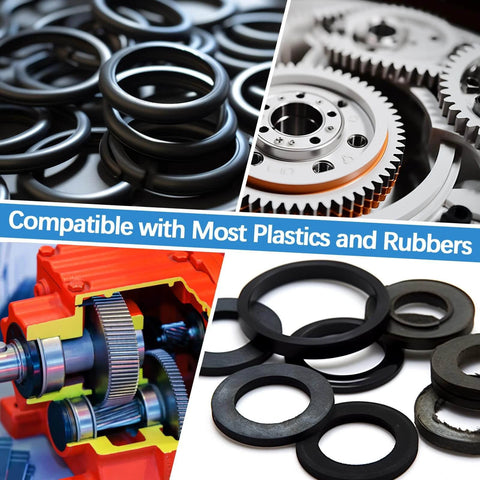 Collage of gears, rubber seals, and machinery parts with text 'Compatible with Most Plastics and Rubbers'