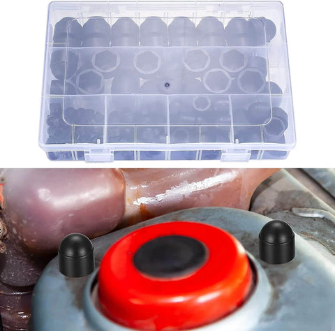 145 Piece Set Plastic Screw Cap Covers For Hex Bolts Dome Style Fits M4 To M12 in storage box and installed on machinery
