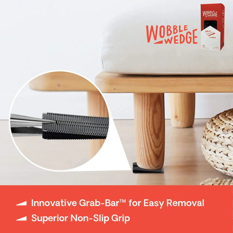 Flexible Plastic Leveling Shims Set 75 Pack supporting a wooden bed leg, highlighting non-slip grip feature, for home improvement.